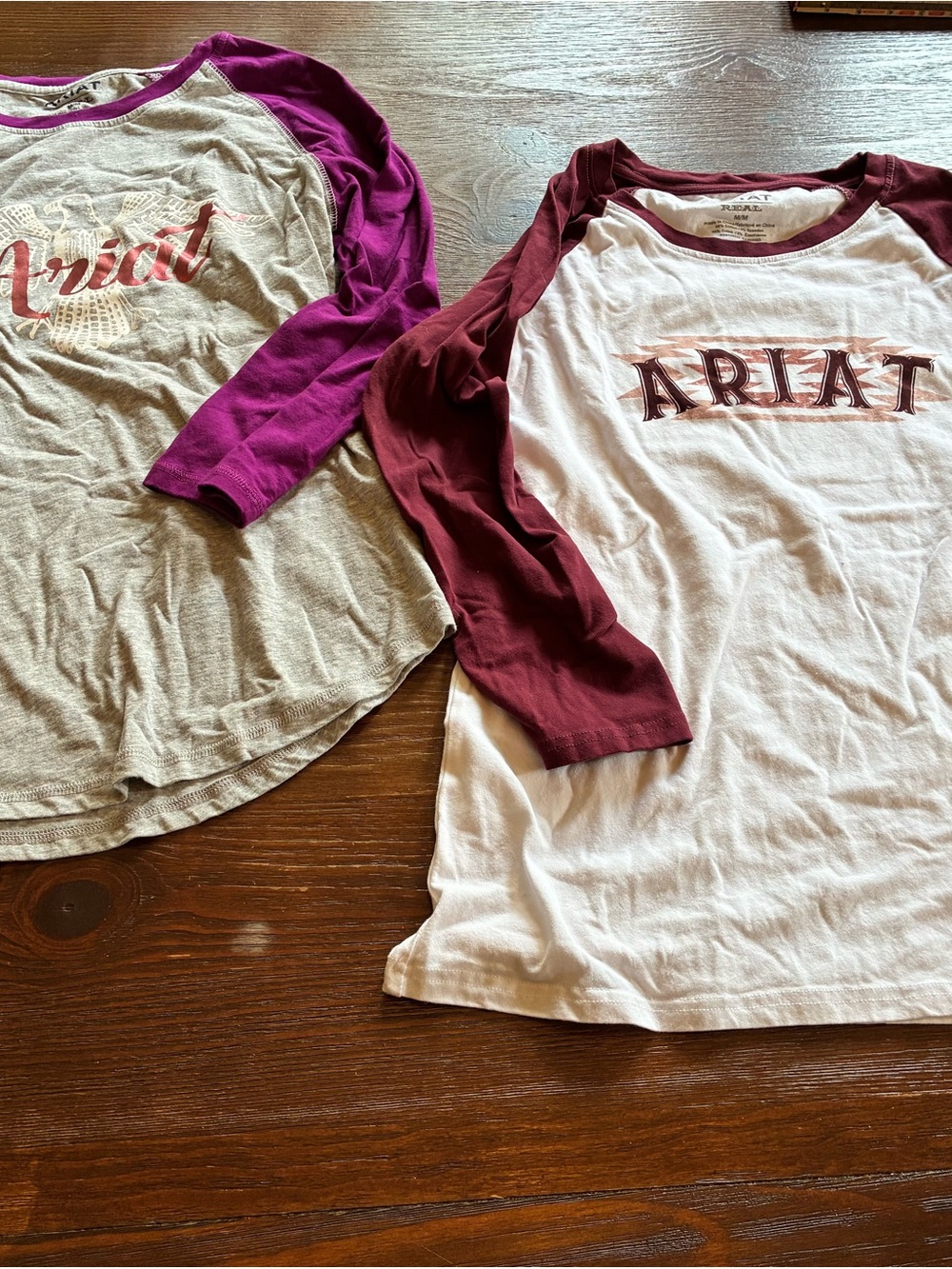 Ariat White Raglan Tees with Plum and Burgundy Sleeves